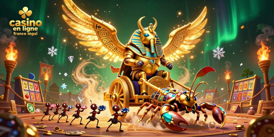 Illustration animée d'un scarabée géant en armure de pharaon, représentant le casino en ligne France légal, entouré d'éléments de jeu.