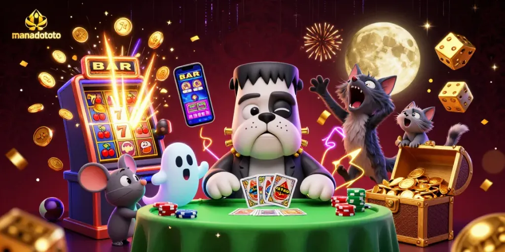 Experience the thrill of manadototo at a vibrant casino scene featuring lively characters and dynamic game elements.