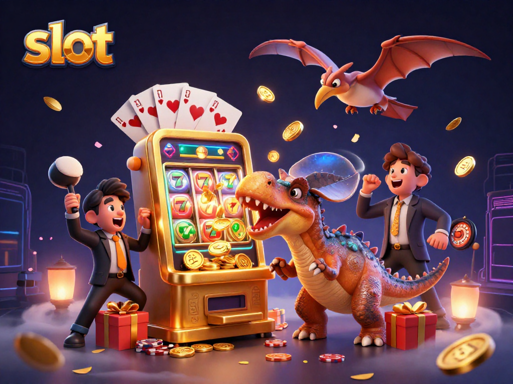Engaging scene of a slot machine being headbutted by a dinosaur, illustrating the excitement of slots.