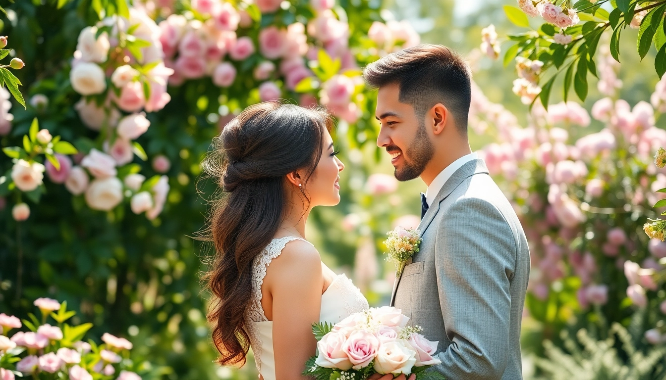 Beautiful wedding photography capturing an intimate moment between a couple in a floral garden.