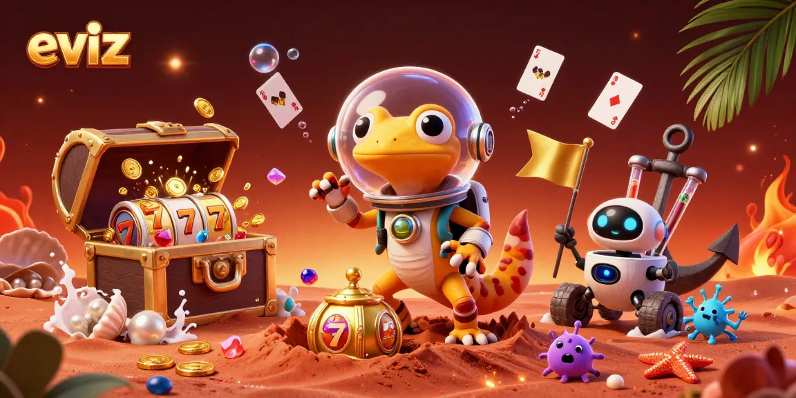 Experience thrilling gaming action at eviz with a cartoon Martian gecko discovering a golden casino.