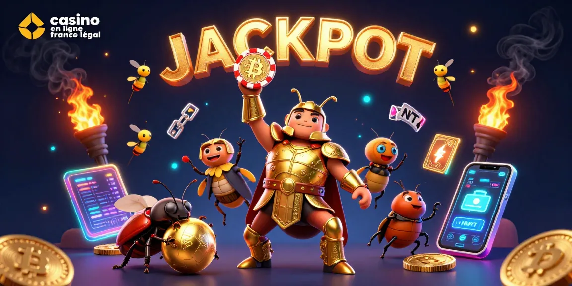 Visuel dynamique casino en ligne en France légal avec un scarabée en armure dorée soulevant un jeton de poker, entouré de pièces de crypto.