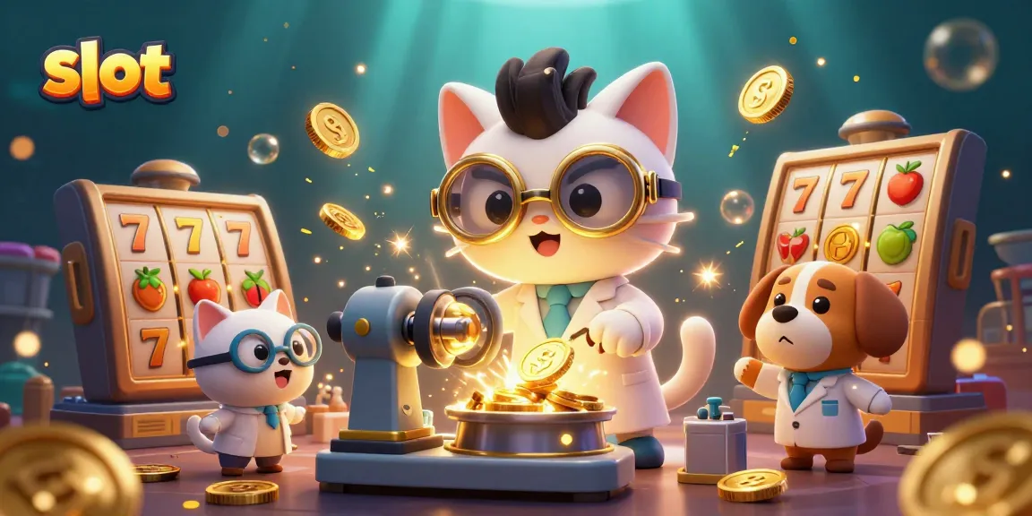 Slot gacor yang menarik dengan tokoh kucing ilmuwan di laboratorium dan banyak simbol slot berkilauan.