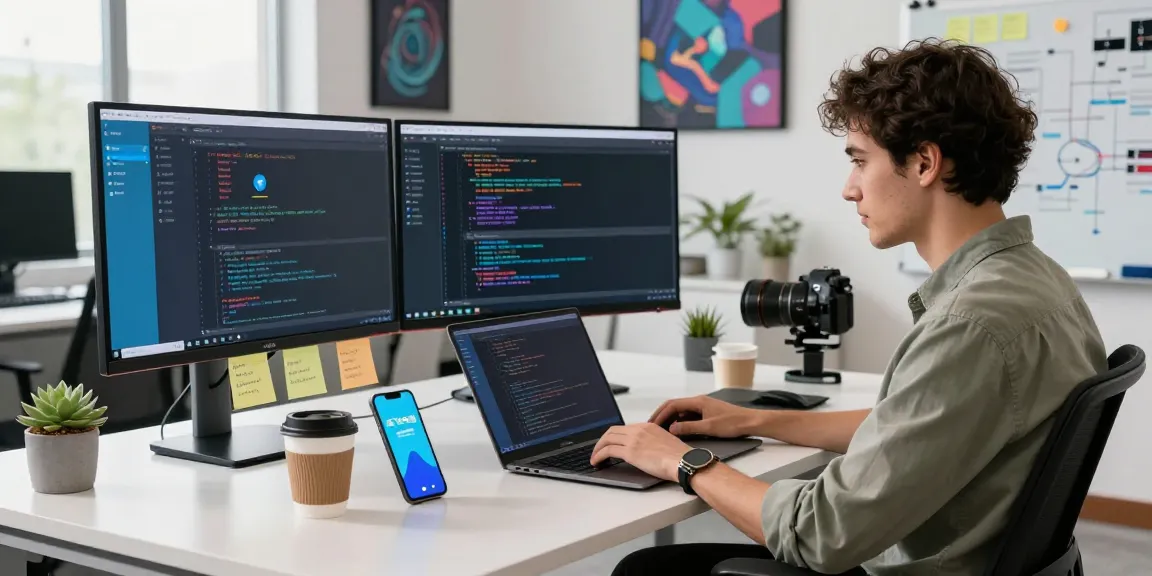Developer coding with 纸飞机中文版 app open, modern tech workspace.