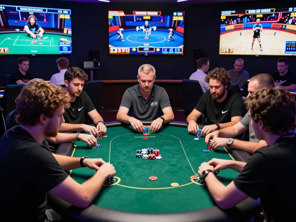 Agen Casino Online players engaging in an intense at-home poker game with colorful chips.