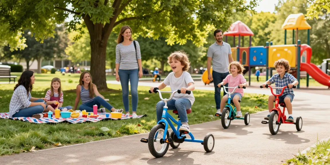 Kids riding the best kids tricycles in a joyful park setting