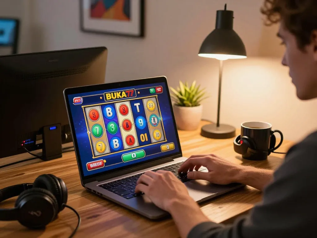 Playing BUKA77 SLOT on a laptop in a cozy home setup, showcasing vibrant gameplay and a relaxing atmosphere.