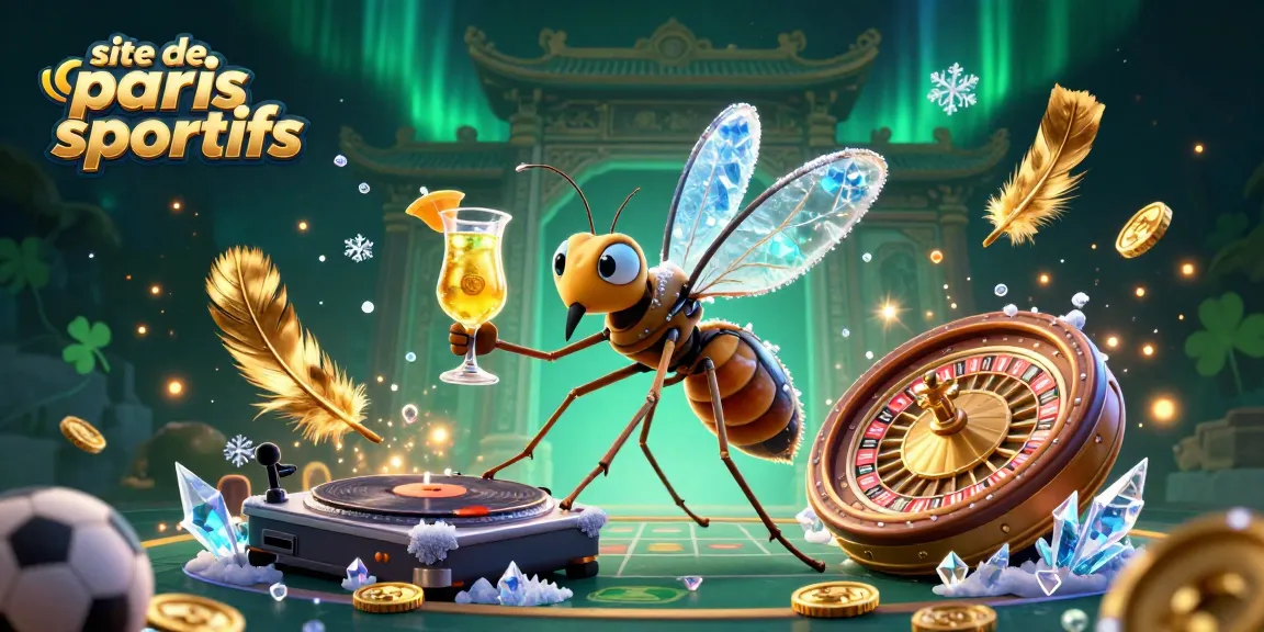 Illustration 3D d'un site de paris sportifs avec un moustique casino, un DJ trilobite et une roulette spiralée pour une ambiance vibrante.