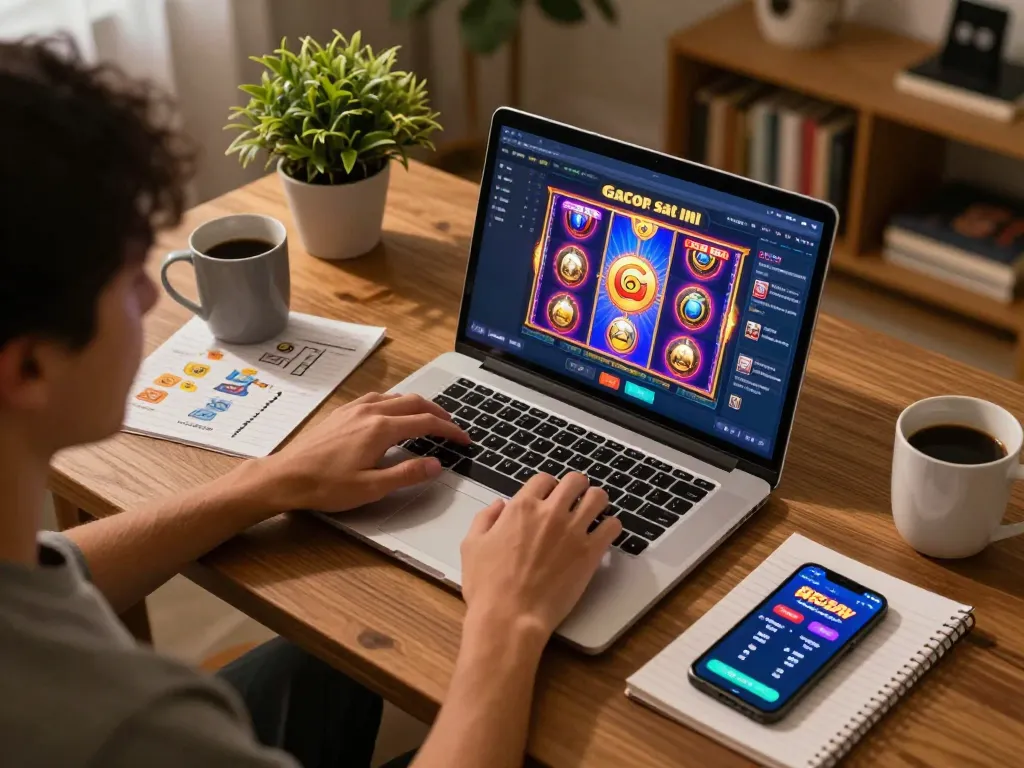 Engaging player using a laptop for slot gacor saat ini gaming, showcasing colorful graphics and strategic notes.