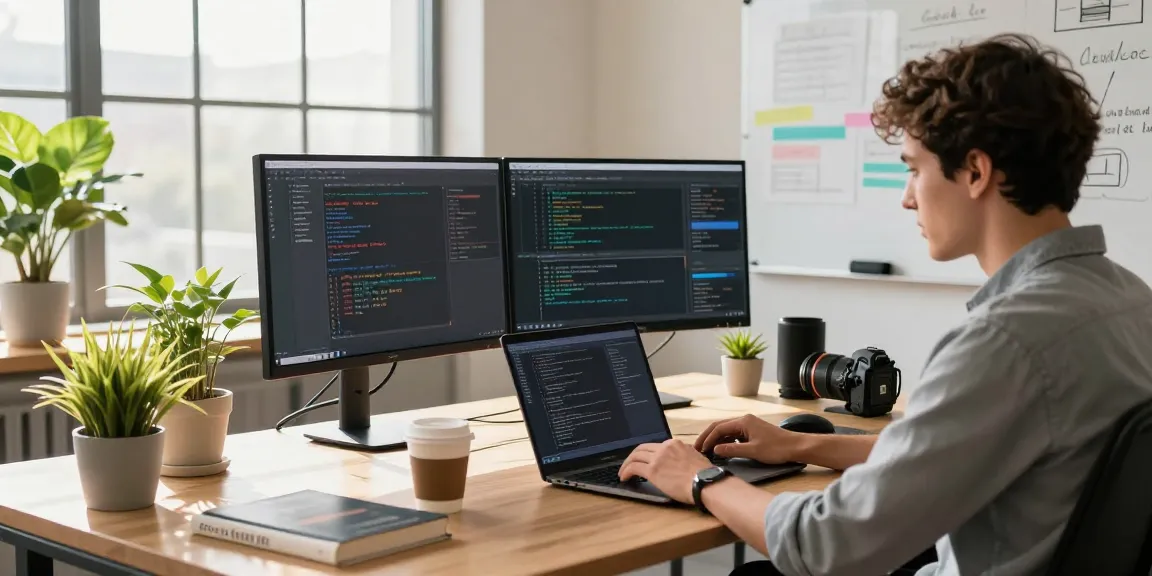 Focused developer coding Telegram中文版下载 on dual monitors in a modern office.