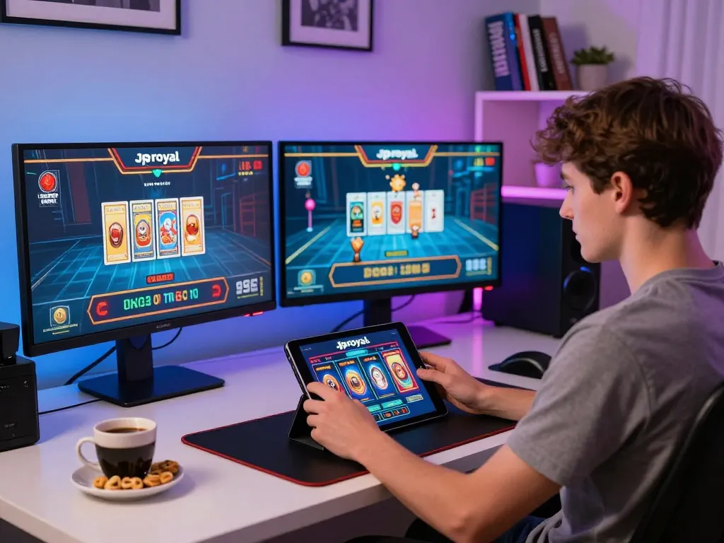 Engaging player using jproyal tablet for online slots in a modern gaming setup, showcasing vibrant casino atmosphere