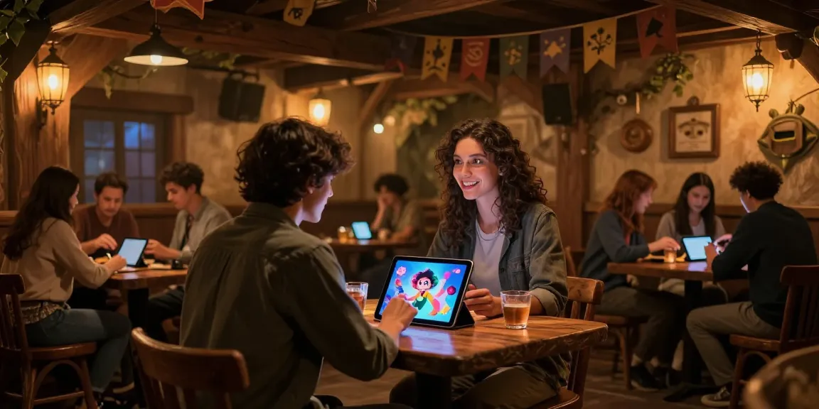 Engaging tavern ai scene with users interacting with digital characters, showcasing a cozy and immersive atmosphere.