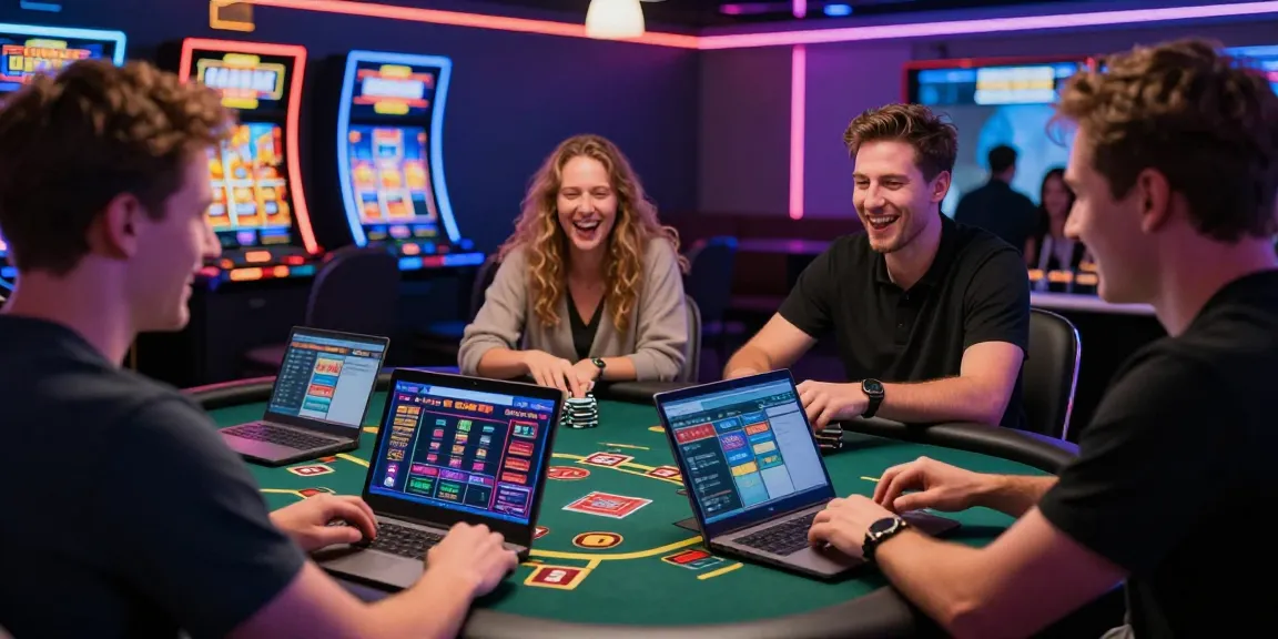Excited players enjoying live dealer games at credit card casinos UK, showcasing vibrant casino atmosphere and modern technology.