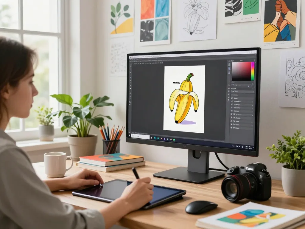 Designer using nano banana AI image editor with vibrant artwork and natural light.
