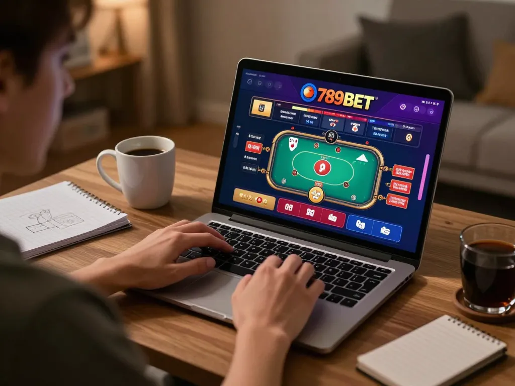Engaged player exploring 789BET online casino on laptop in a cozy home setup.