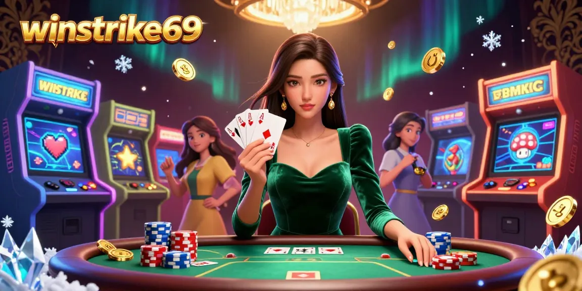 Experience the thrill with winstrike69 at the poker table, surrounded by vibrant gaming elements.