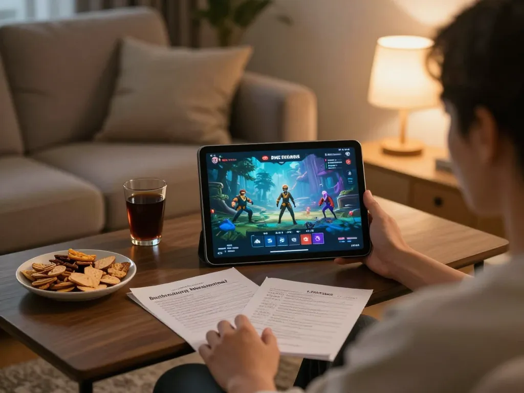 Engaging with an nsfw game on tablet in a cozy home setup, emphasizing responsible gaming.