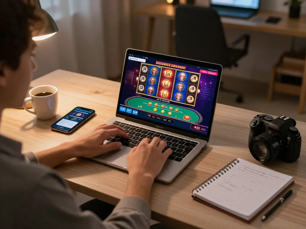 User engaged in casino non aams per italiani gaming while utilizing laptop and smartphone in cozy home setting.