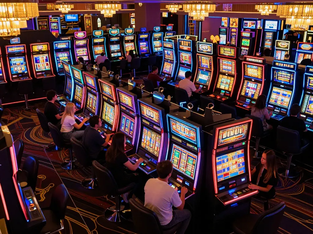 Players engaging with numerous slot machines in a vibrant casino illuminated by neon lights.
