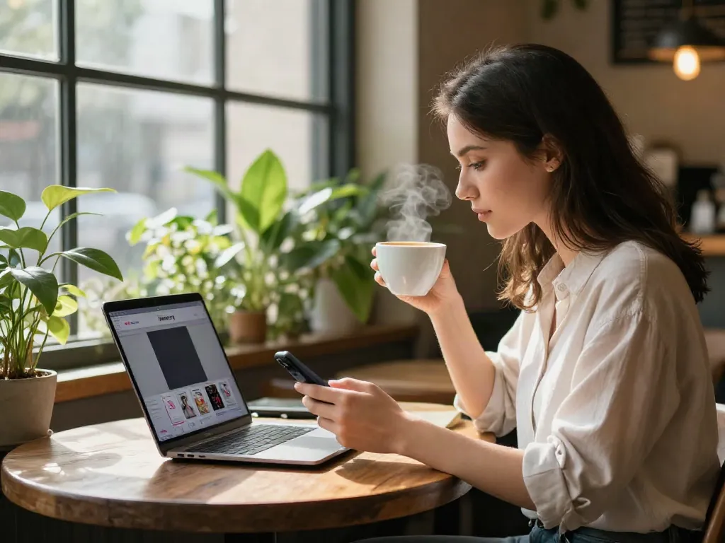 Woman using Insanony to view Instagram stories anonymously in a cozy coffee shop.