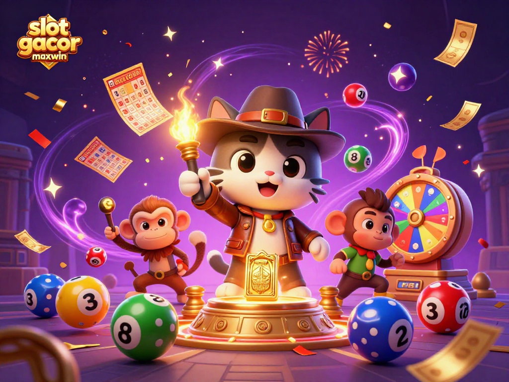 Slot gacor maxwin menampilkan kucing arkeolog 3D menemukan artefak kasino emas di kuil.