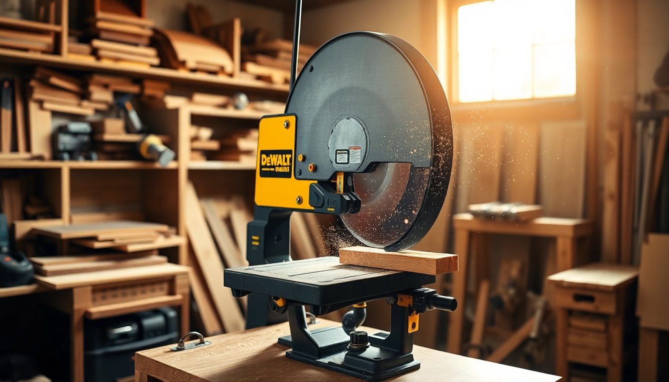 DeWalt band saw cutting through hardwood, showcasing precision and craftsmanship in action.