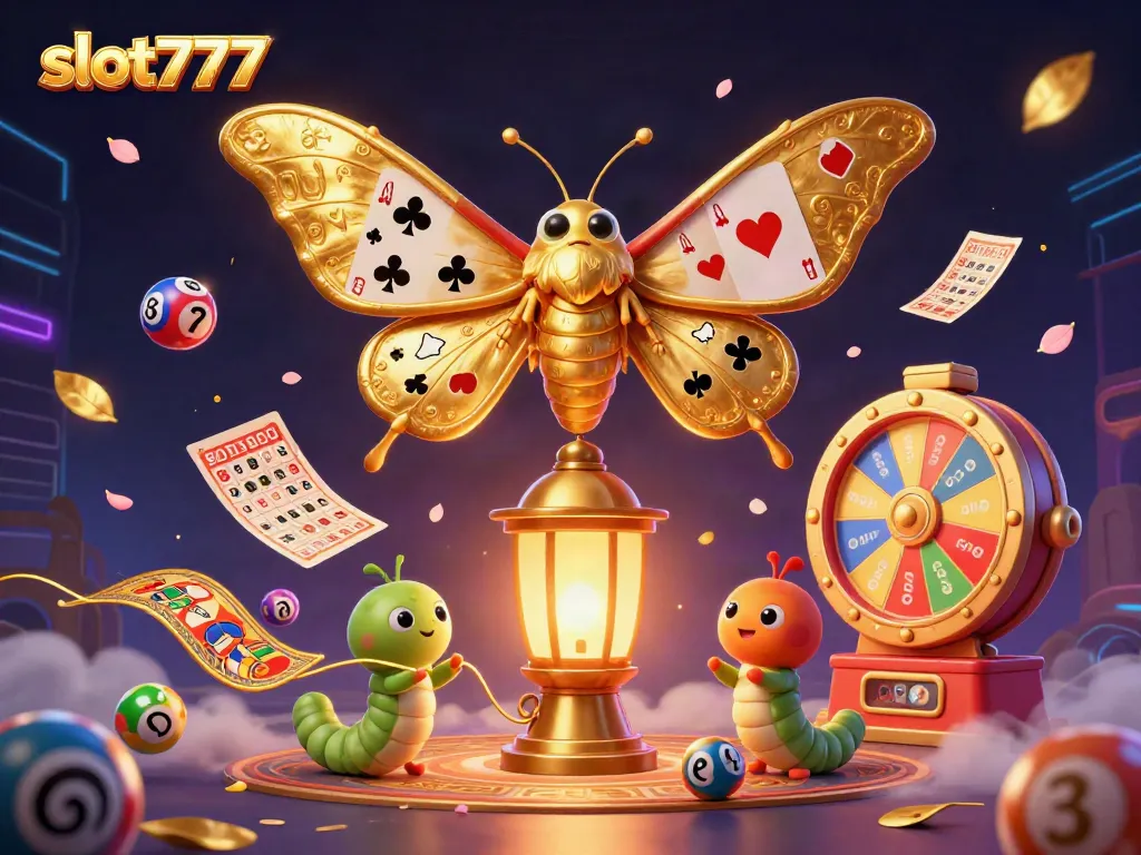 Menang dengan slot777 dalam ilustrasi 3D yang menampilkan kupu-kupu kartun dan suasana kasino yang meriah.
