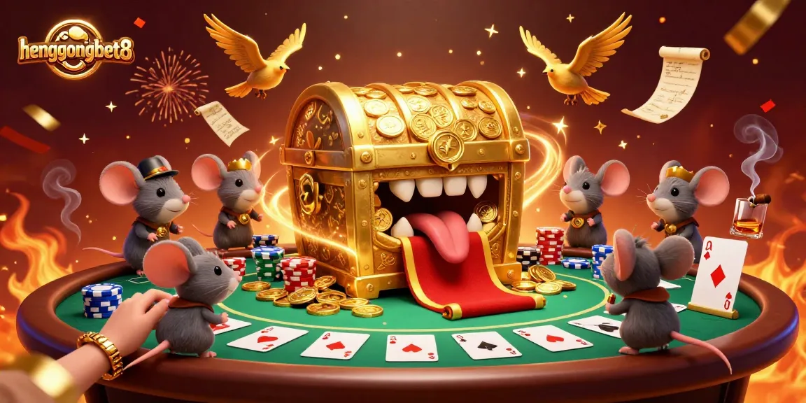 Experience the excitement at hengongbet8 with a vibrant casino-themed illustration showcasing poker elements and golden treasures.