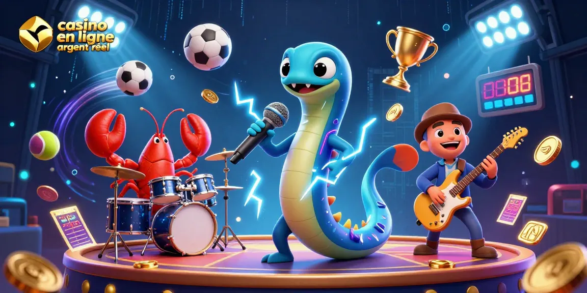 Illustration vibrante de casino en ligne argent réel avec un DJ anguille électrique et un groupe sous-marin animé.