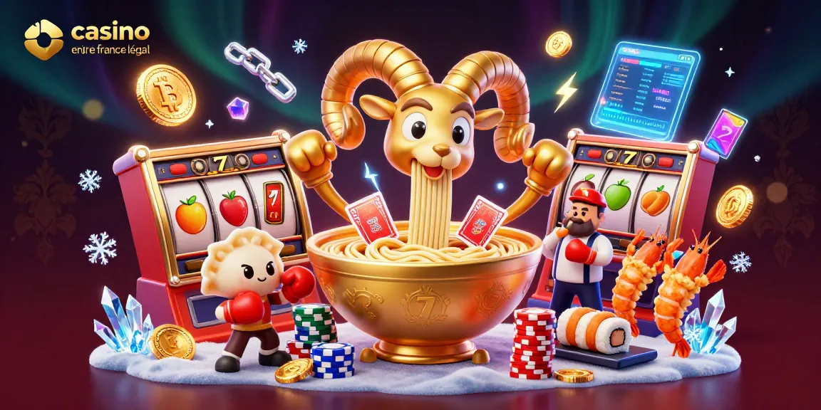 Jouez au casino en ligne légal en France avec une scène dynamique illustrée montrant des personnages et éléments de jeu.