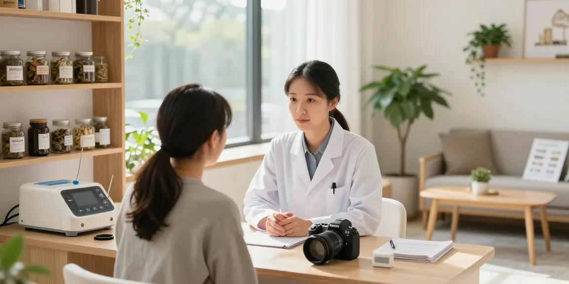 Patient consultation at 영통한의원 wellness clinic with natural light and herbal remedies.