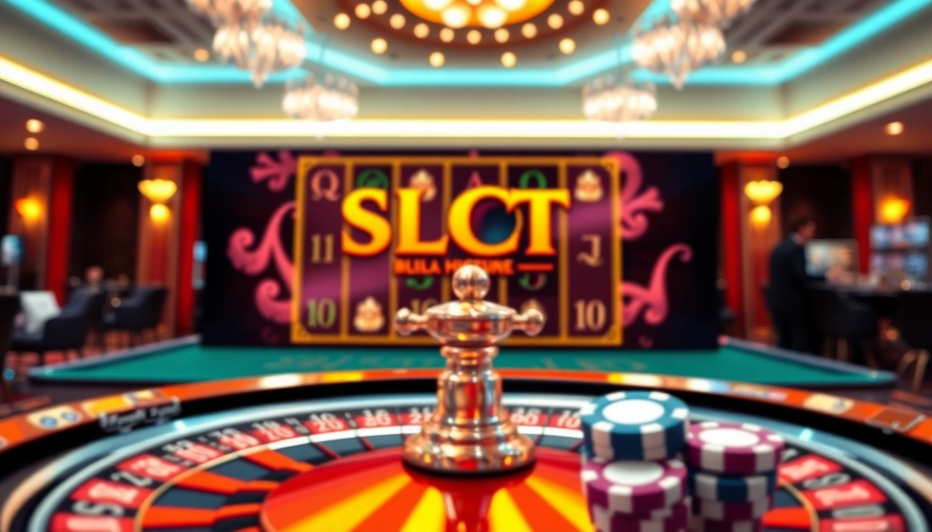 Spin the exciting 'slot demo scatter hitam' within a bright casino scene showcasing chips and a roulette wheel.
