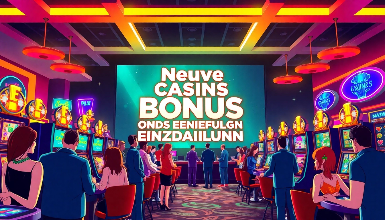 Neue Casino Bonus Ohne Einzahlung auf einem lebhaften Bildschirm im Casino, umgeben von Spielern.