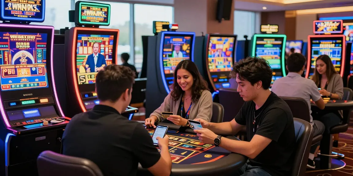 The interactive casino environment from https://lctltd.co.uk, showing diverse players using credit cards for gaming, with vibrant lights and live gaming setups.
