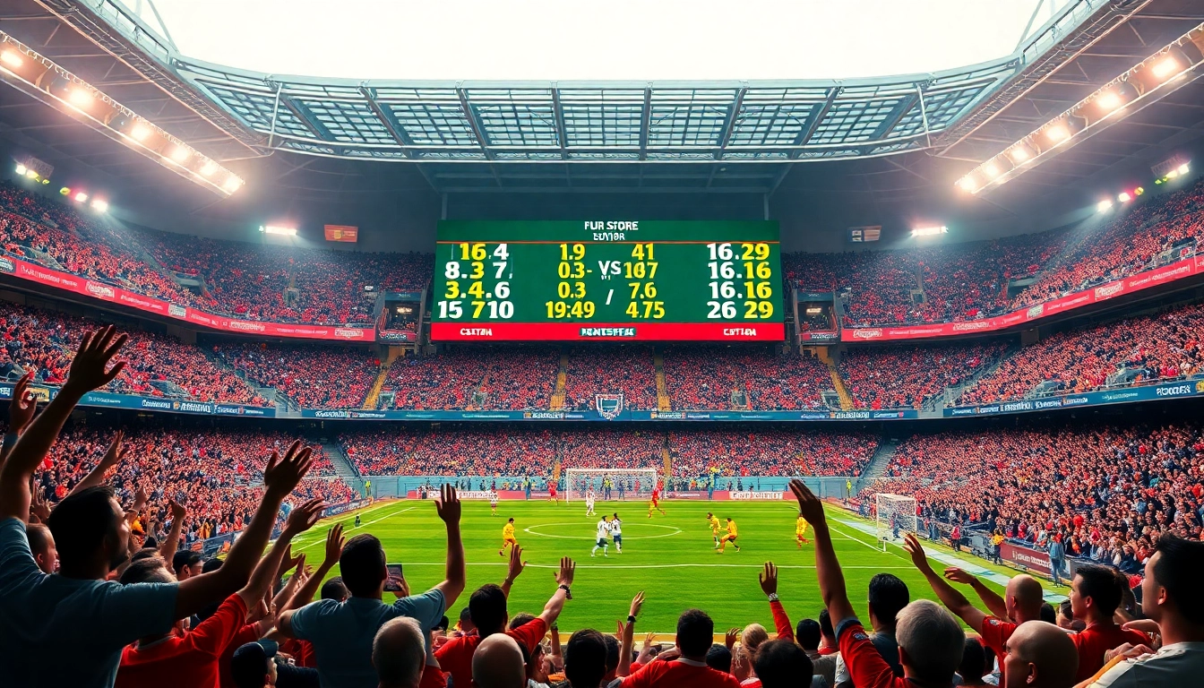 Check out the real-time scores of ผลบอลบ้าน in a vibrant stadium atmosphere.