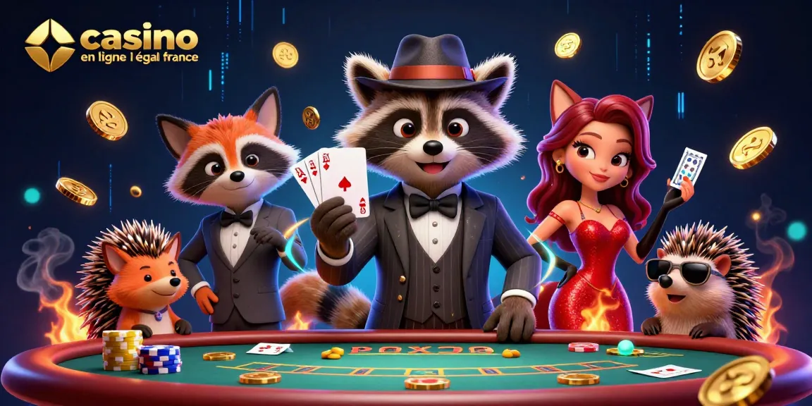 Un gentleman raton laveur en costume avec une quinte flush royale sur une pelle à poker et des jetons en jouant sur un casino en ligne légal France.