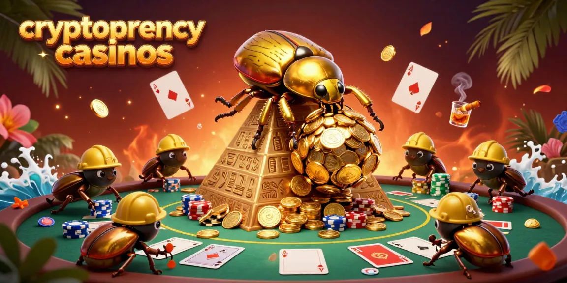 Engage with cryptocurrency casinos featuring cartoon beetles laboring over golden coins.