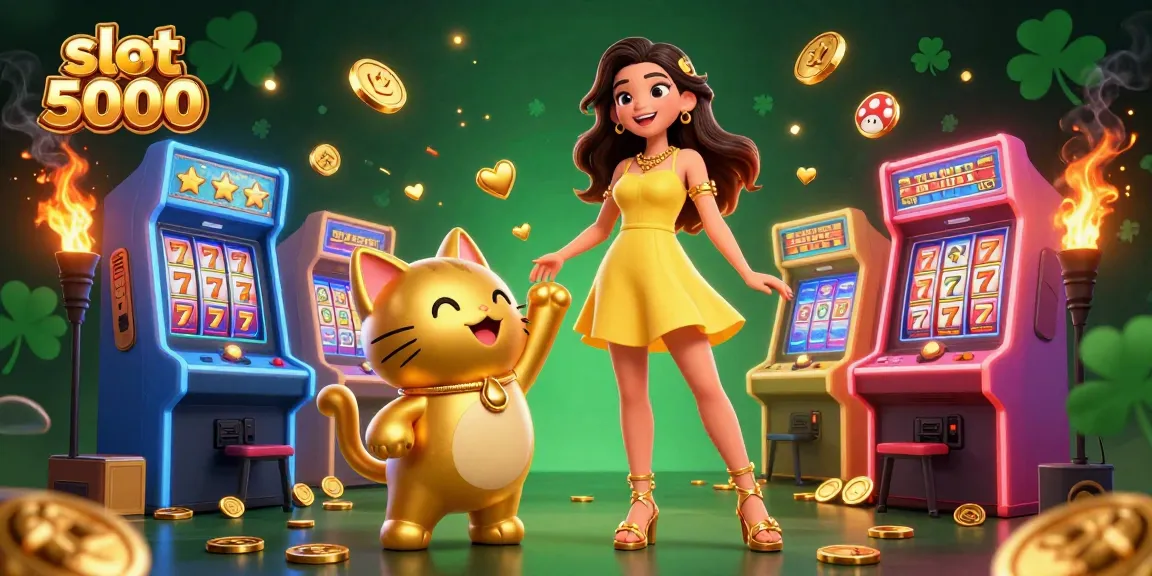 Spin to win with slot 5000, featuring a cheerful character beside a lucky cat and golden coins.