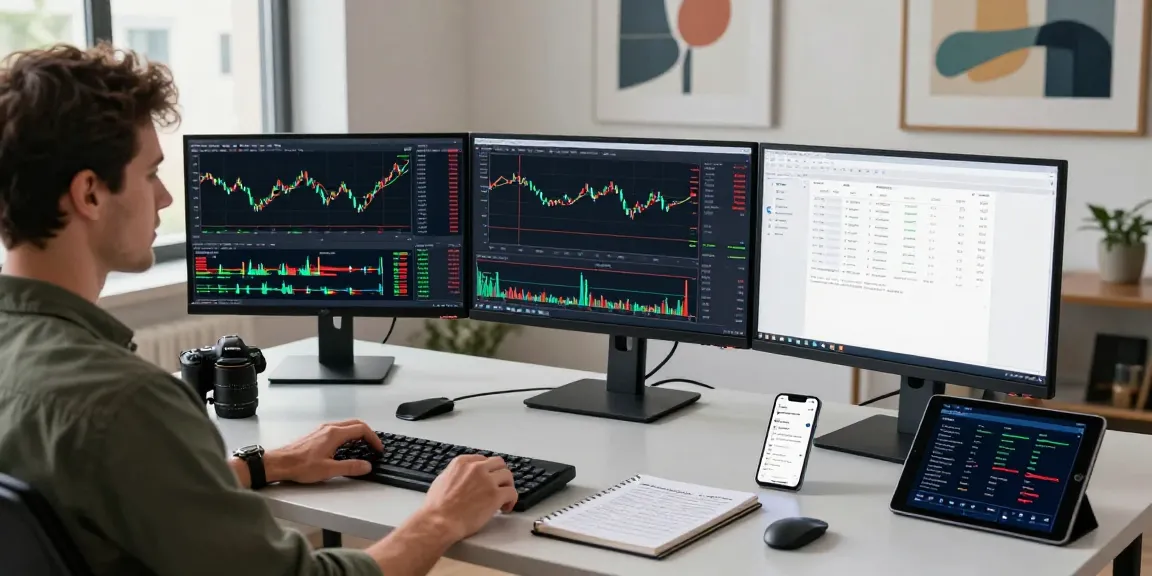 Trader using mt4 in a modern Forex trading workspace with live currency charts and analysis tools.