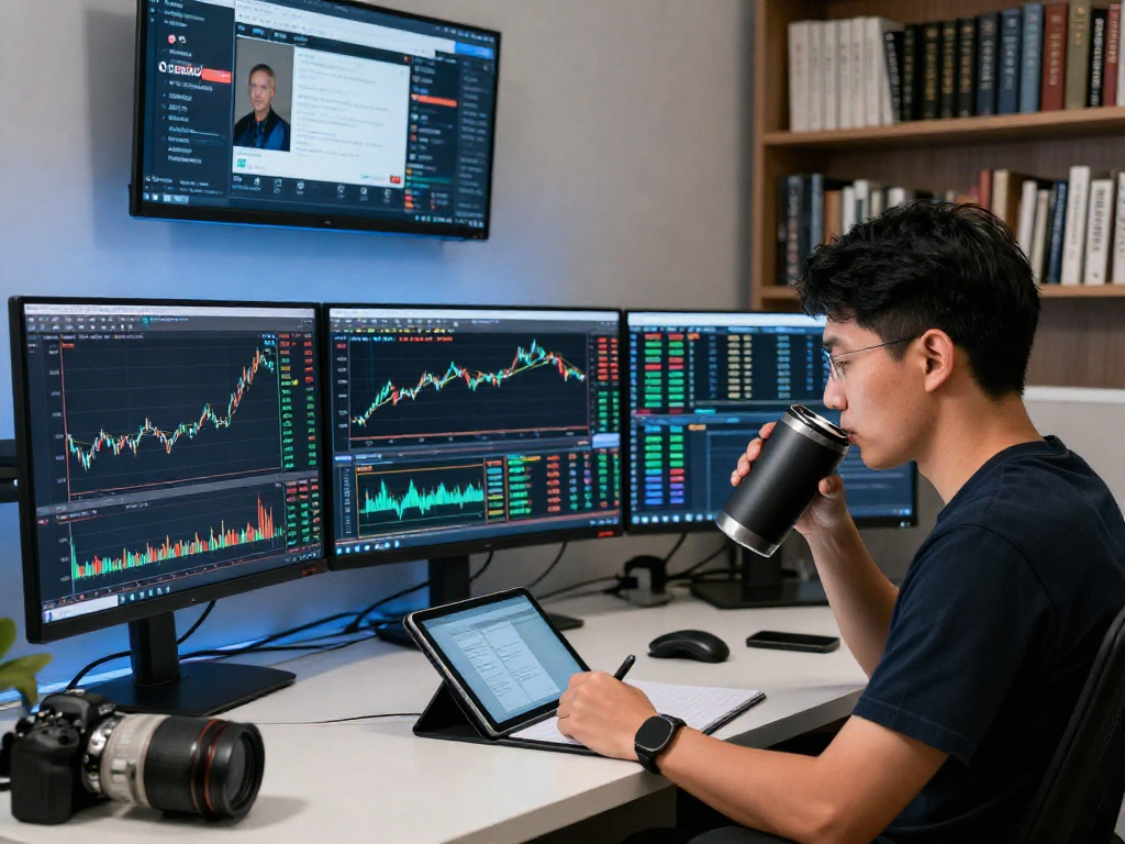 在交易工作室中，交易员使用TradingView分析股票、外汇和加密货币市场，实时数据展现了市场动态。