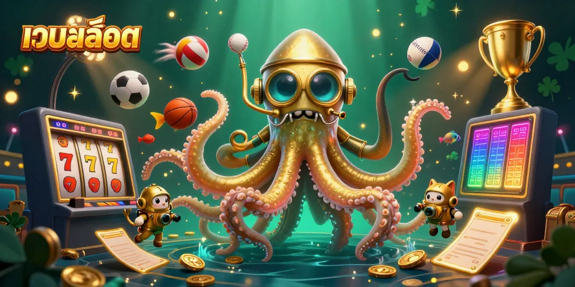 Experience the thrill of เว็บสล็อต with a vibrant 3D casino scene featuring a golden kraken and dynamic game elements.