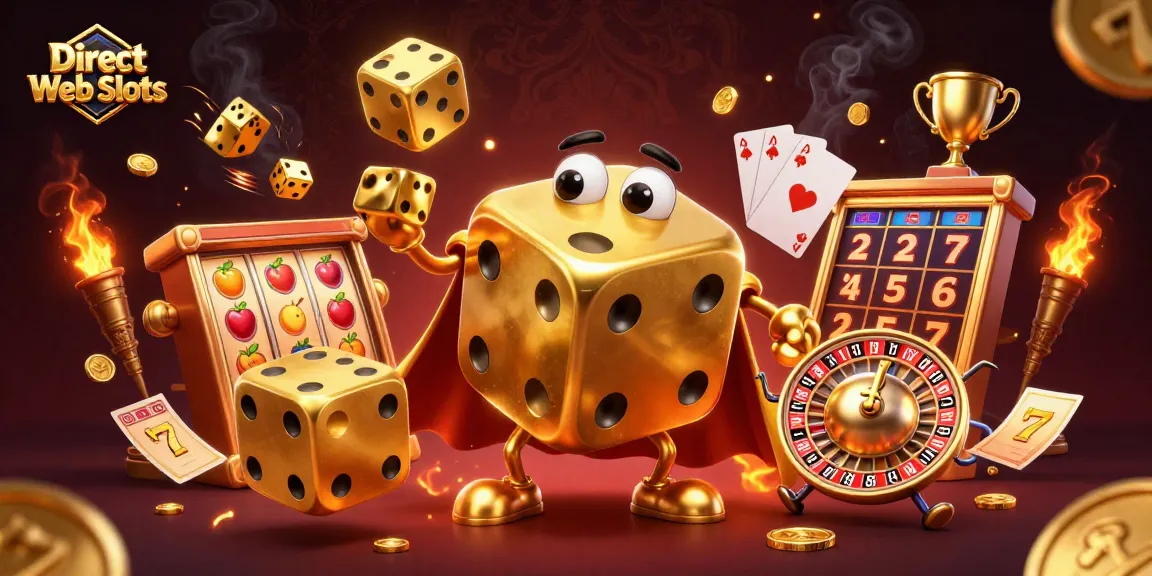 Engage with Direct Web Slots featuring vibrant golden dice and slot reels in a dynamic casino scene.
