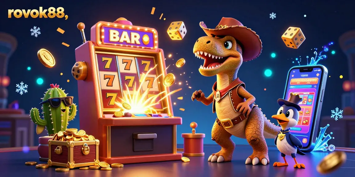 Spin the reels with excitement at rokok88's vibrant casino experience featuring thrilling characters.