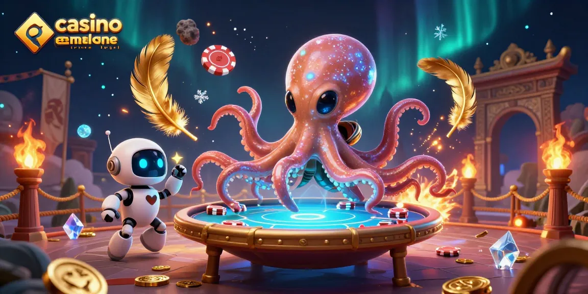Illustration 3D d'un octopus alien joueur à un casino en ligne france légal avec des jetons et des hologrammes.