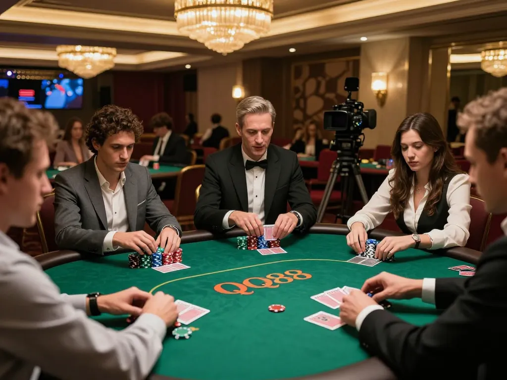 Players engage in a thrilling poker game at QQ88, showcasing intense strategy and competition on the trang chủ qq88 site.