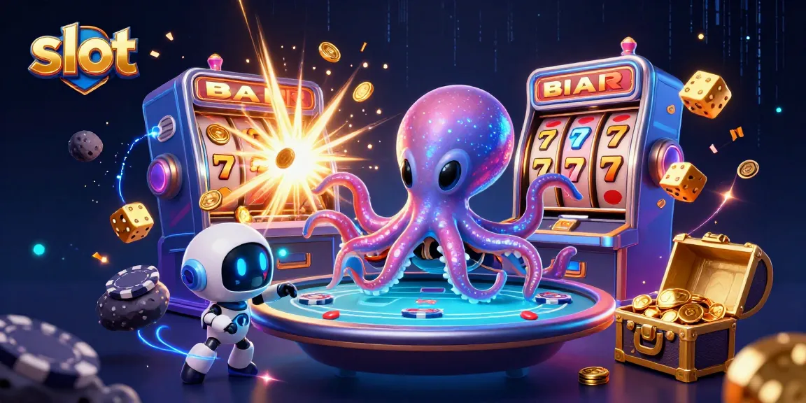 Spin the slot reels alongside a lively octopus and robot, capturing an epic jackpot moment!