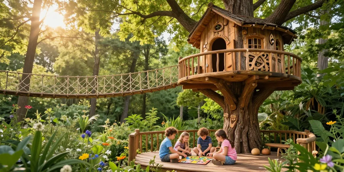 Family enjoying tree house life, playing games on a sunny deck in a lush forest.