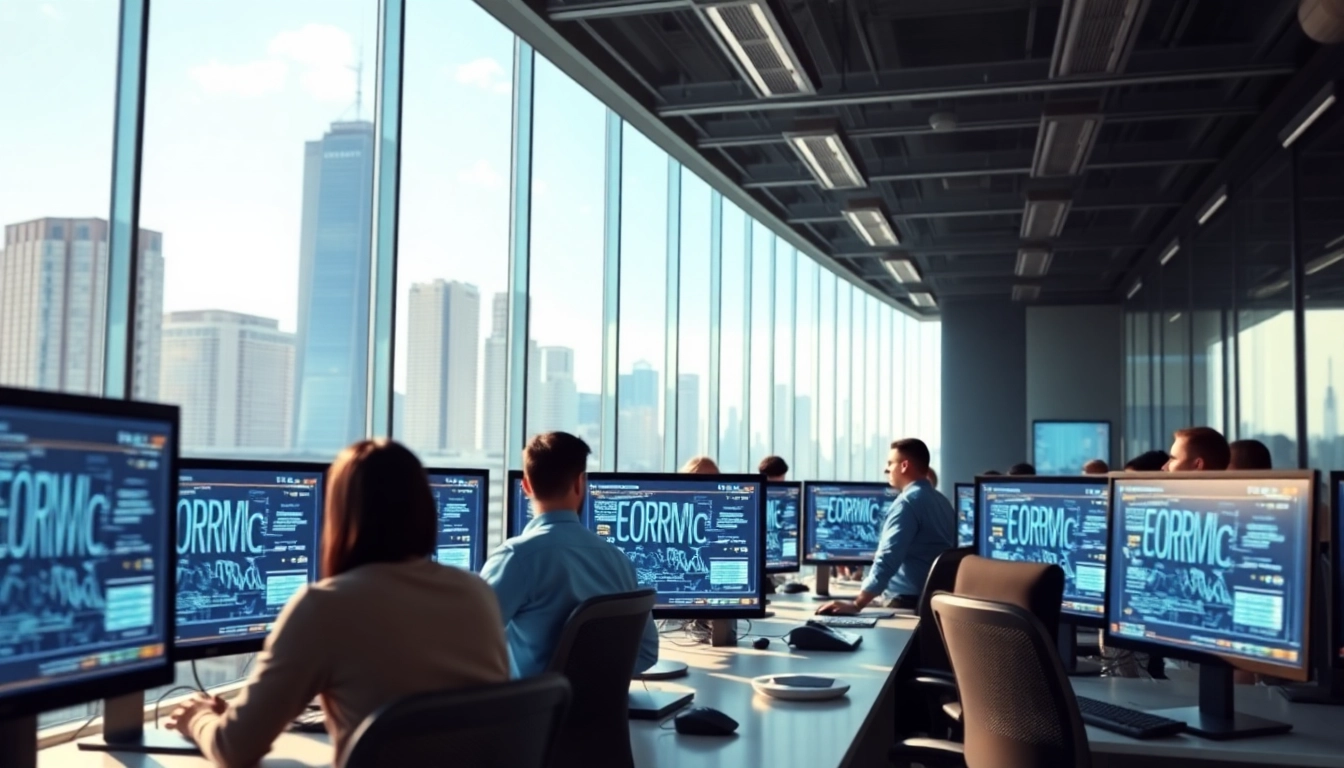 EORMC AI blockchain team collaborating in a modern office setting with advanced technology.