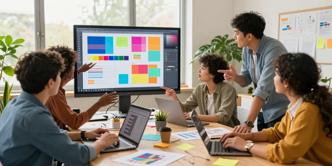 Diverse team using a mixboard for real-time brainstorming on a digital canvas in a creative workspace.