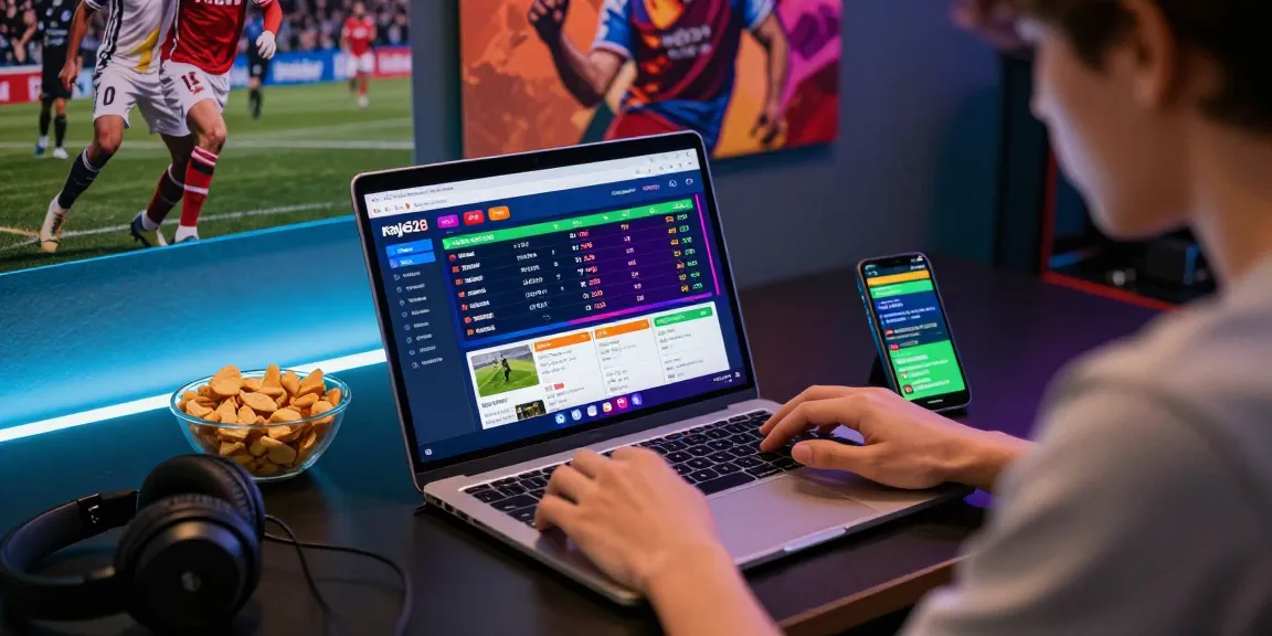 Focused player analyzing raja328 situs on a laptop in a vibrant gaming space
